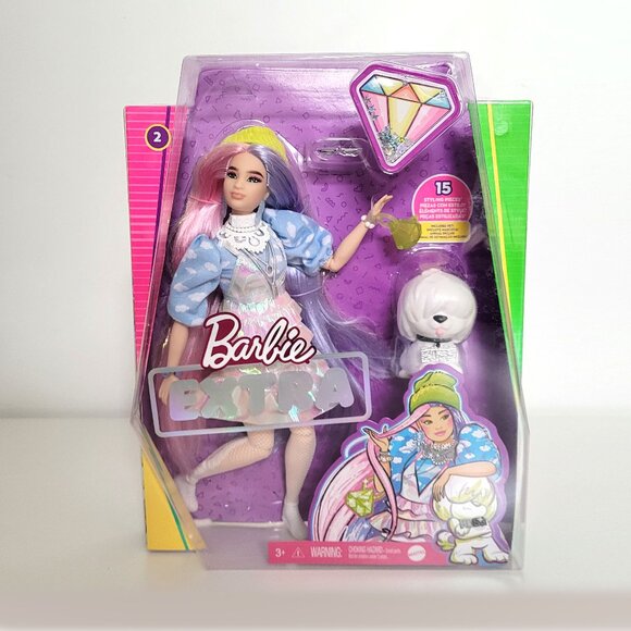 Barbie Extra #2 Pink Purple Hair Doll in Irridescent Dress Dog Mattel - NRFB - Picture 1 of 2